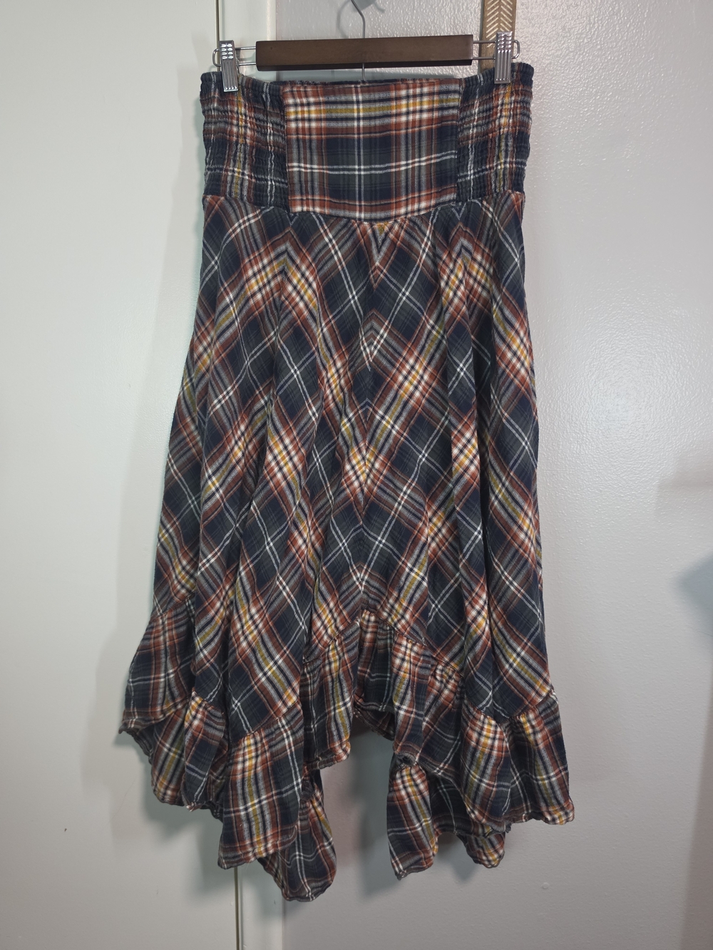 Natural Life Navy Rust Plaid 100% Cotton Flannel Ruffle Maxi Skirt Feelin Alive